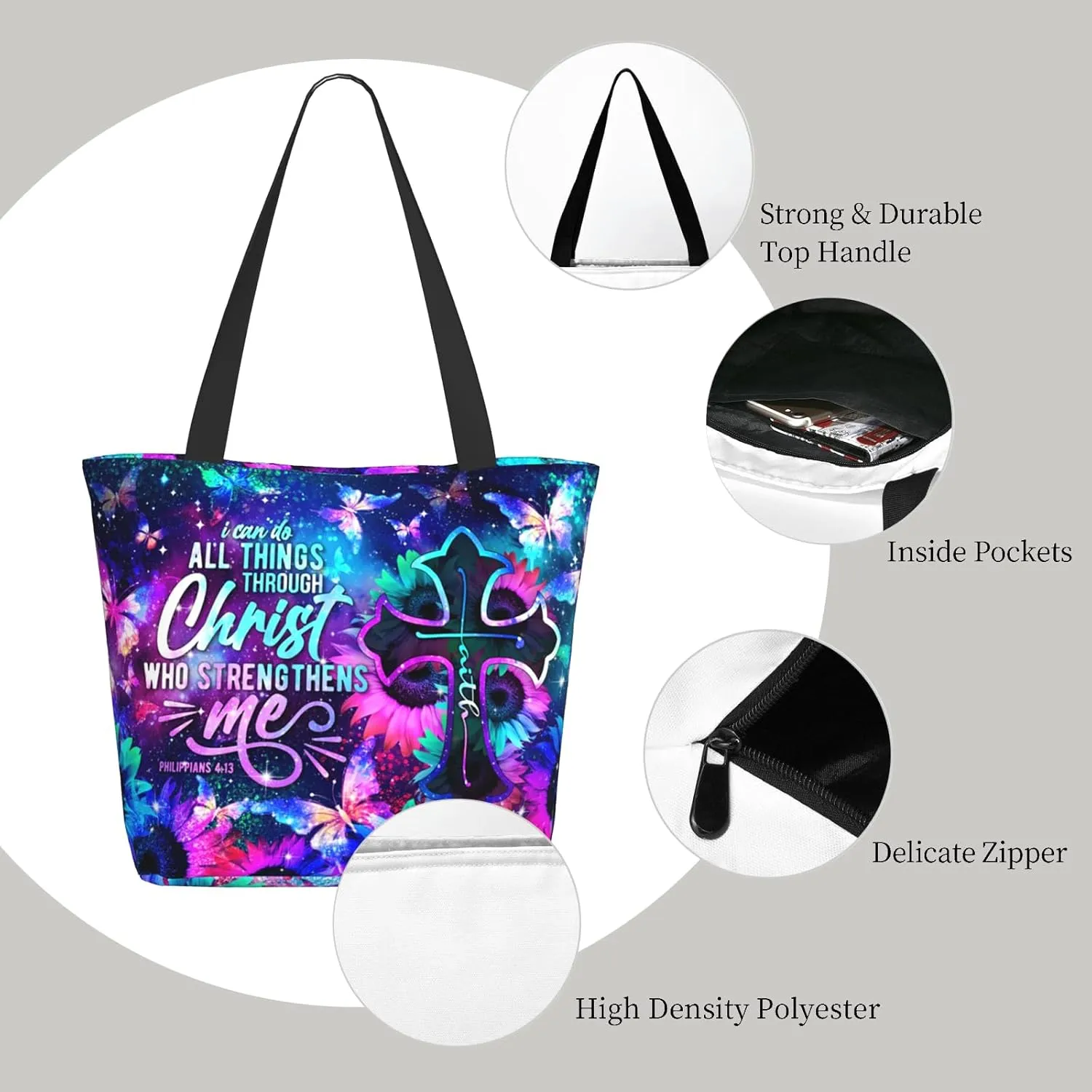 Tote Bag for Women Reusable Shopping Tote Bag Zippered Inspirational Scripture Shoulder Bags