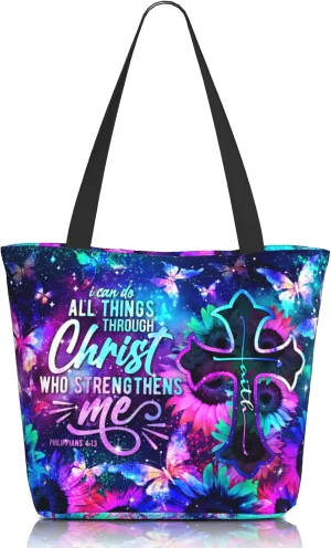 Tote Bag for Women Reusable Shopping Tote Bag Zippered Inspirational Scripture Shoulder Bags