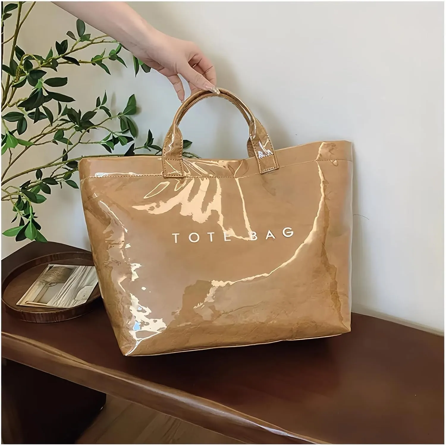 Tote Bag Women's Letters Print Tote Bag Large Kraft Paper PVC Tote Bag Carry Bag Top Handle Hobo Handbag Trendy Shopping Bag