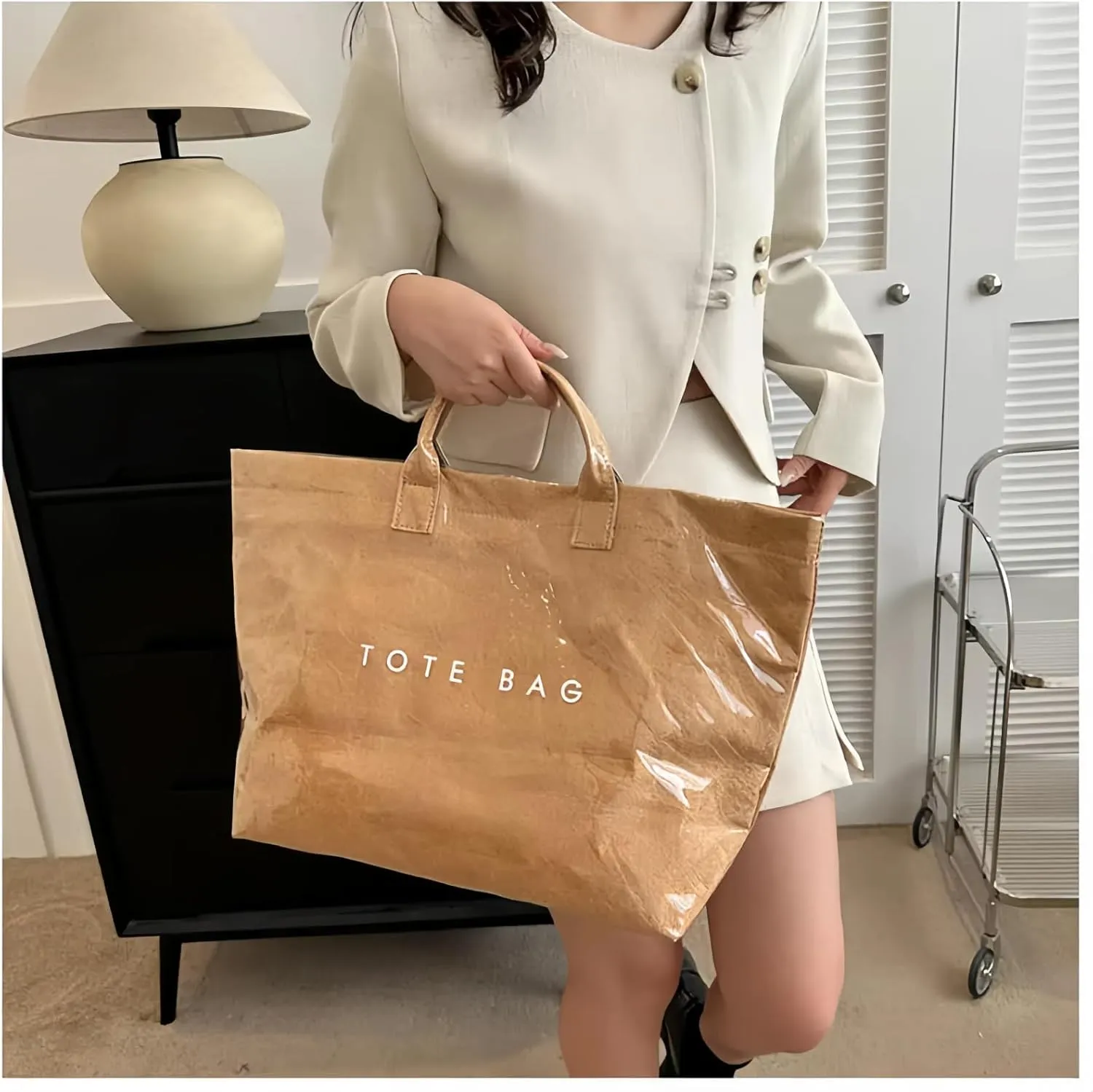 Tote Bag Women's Letters Print Tote Bag Large Kraft Paper PVC Tote Bag Carry Bag Top Handle Hobo Handbag Trendy Shopping Bag