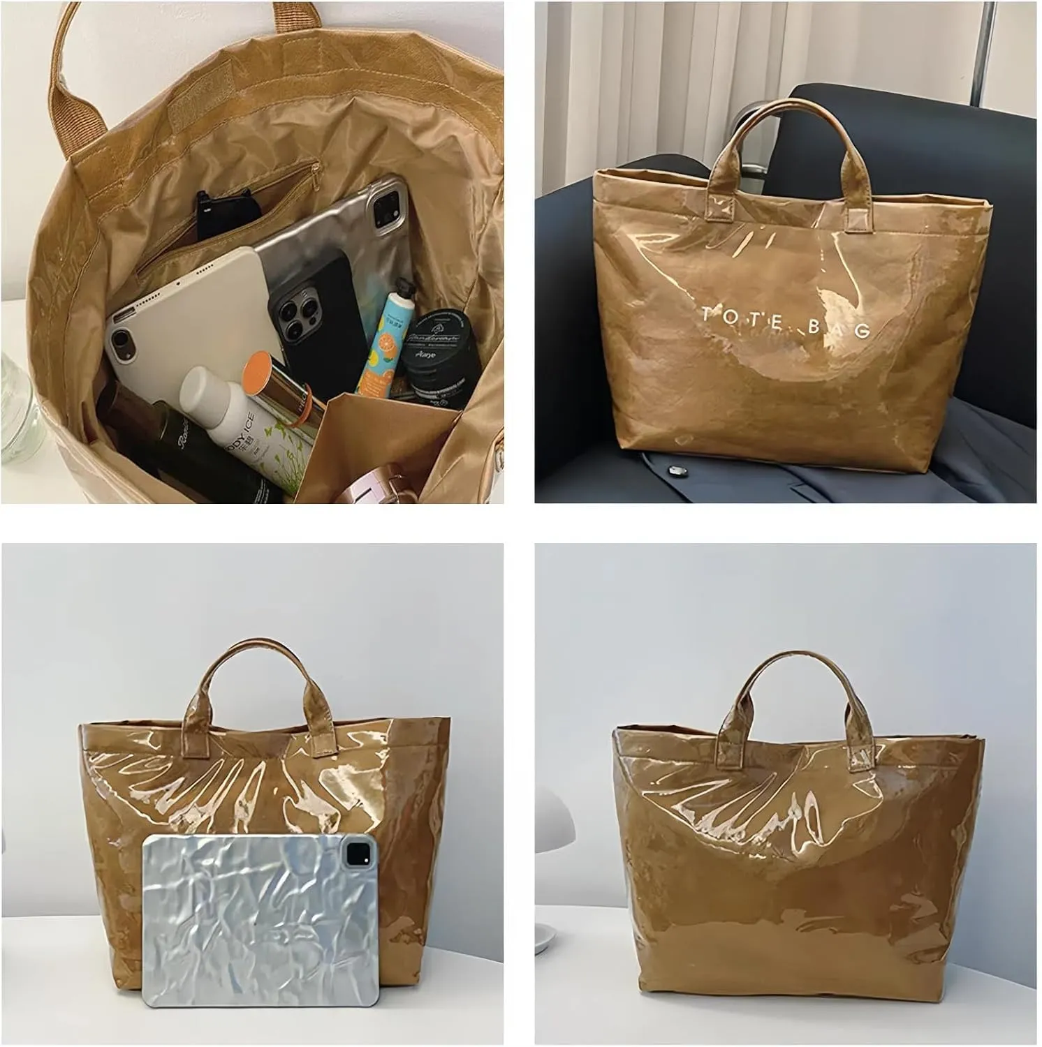Tote Bag Women's Letters Print Tote Bag Large Kraft Paper PVC Tote Bag Carry Bag Top Handle Hobo Handbag Trendy Shopping Bag