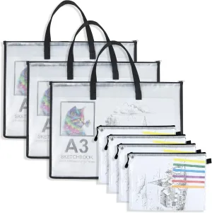 TOTiyea Art Portfolio Bag with Handle and Zipper Set, 15.75 x 21.65 Inches 3 Pcs & 9.25 x 12.6 Inches 4 Pcs, Large Clear Waterproof Poster Storage Bag for Artworks, Drawing Pads Supplies, Multipurpose