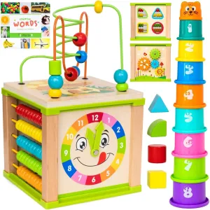 TOYVENTIVE Wooden Activity Cube, Montessori Toys for 1  Year Old Girl, Multipurpose Educational Sensory Toy for Baby, Toddler, Kid | First Birthday Gift | Bonus First Words Book
