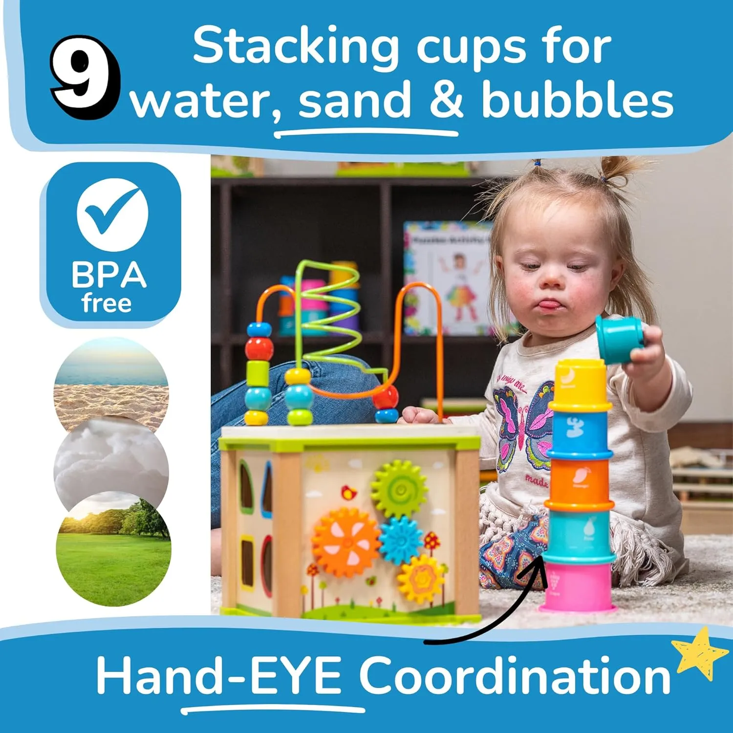 TOYVENTIVE Wooden Activity Cube, Montessori Toys for 1  Year Old Girl, Multipurpose Educational Sensory Toy for Baby, Toddler, Kid | First Birthday Gift | Bonus First Words Book