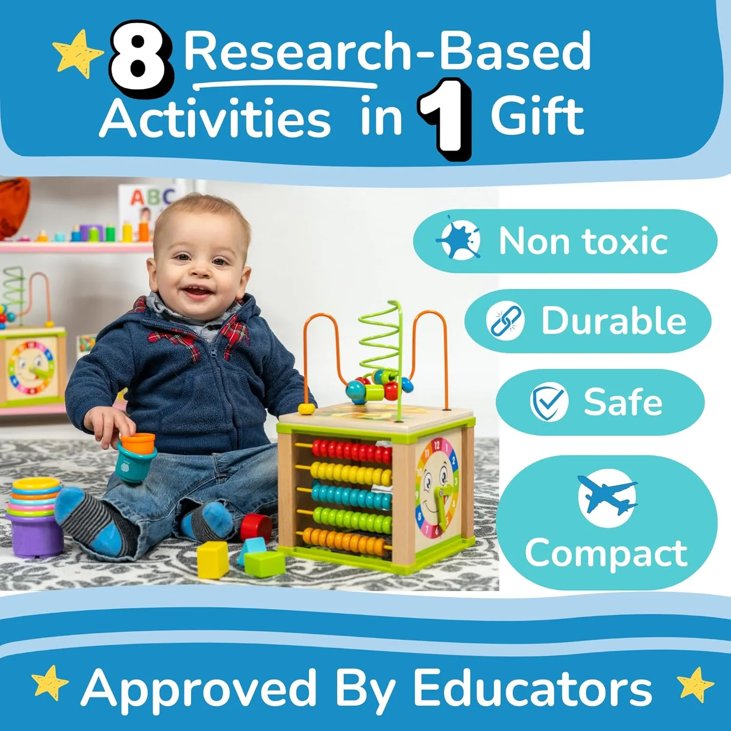 TOYVENTIVE Wooden Activity Cube, Montessori Toys for 1  Year Old Girl, Multipurpose Educational Sensory Toy for Baby, Toddler, Kid | First Birthday Gift | Bonus First Words Book