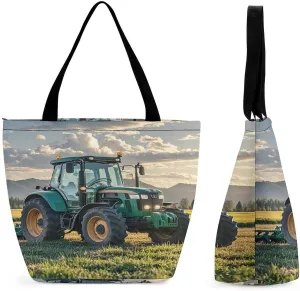 Tractor Agriculture Tranquil Tote Bags Reusable Grocery Bags Shopping Zippered Tote for Office Graduation Travel