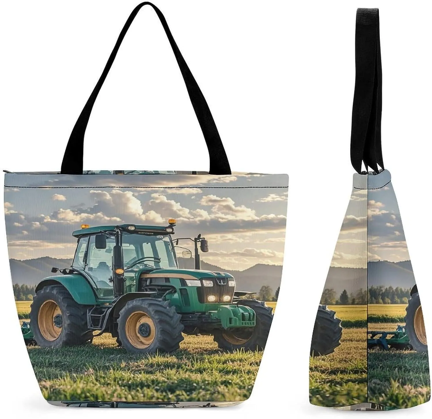 Tractor Agriculture Tranquil Tote Bags Reusable Grocery Bags Shopping Zippered Tote for Office Graduation Travel