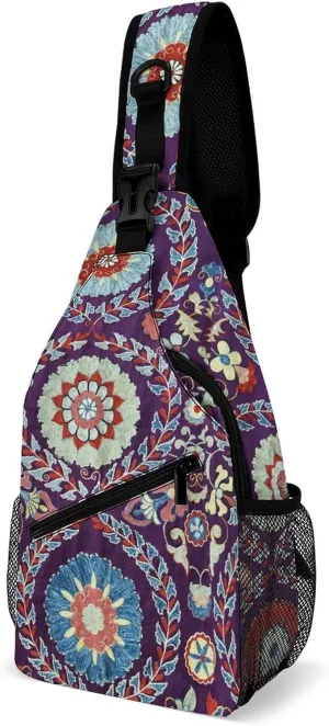Traditional Vintage Embroidery Sling Bag Crossbody for Women Men Lightweight Adjustable Extender Strap Boho Shoulder Backpack with Water Bottle Holder Casual Daypack for Hiking Travel