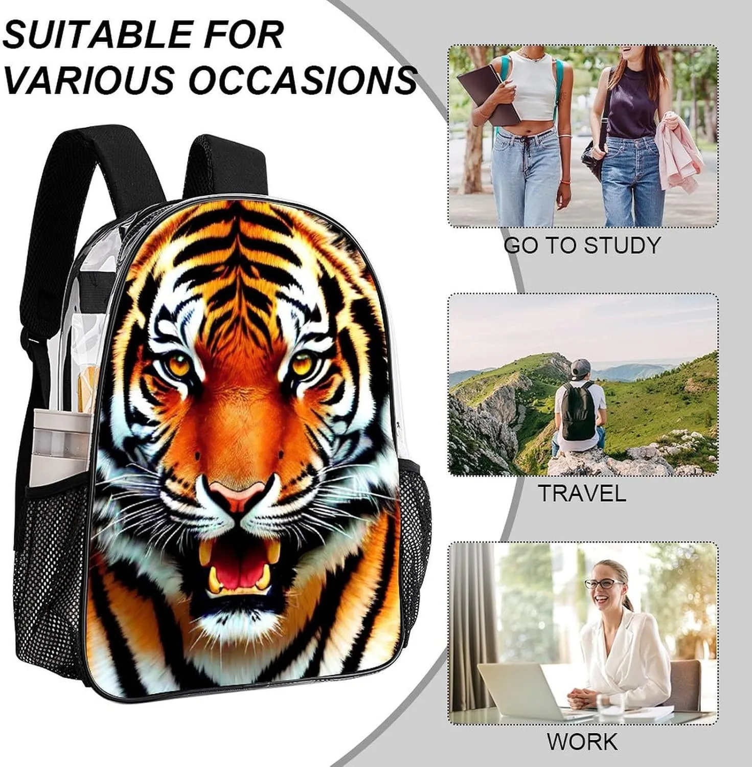 Transparent Daypack Backpack for Climbing Outdoors Running - Big Capacity Multipurpose Anti-Theft Bookbag, Cool Tiger Head Fire Surreal Style Art Travel Hiking & Camping Rucksack
