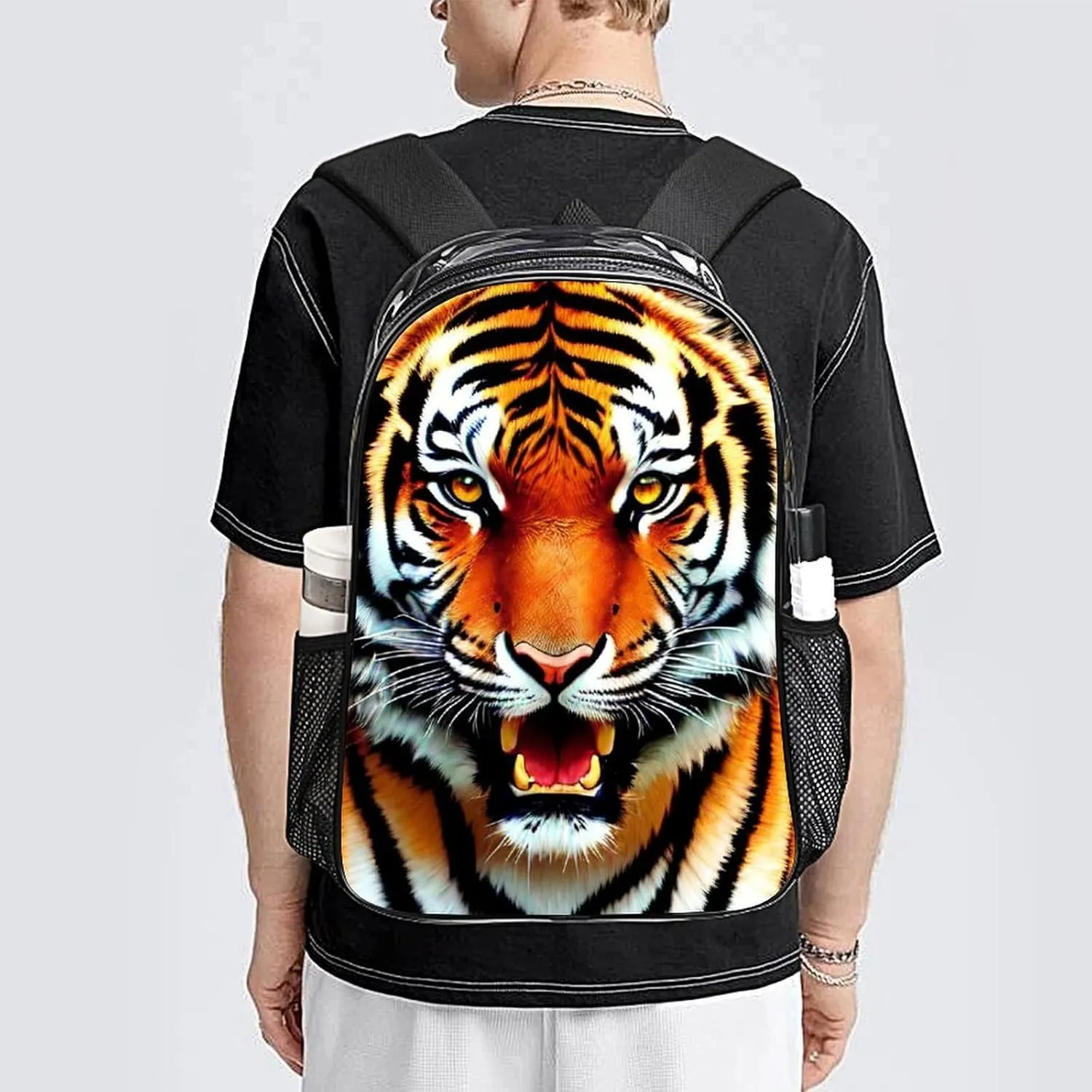 Transparent Daypack Backpack for Climbing Outdoors Running - Big Capacity Multipurpose Anti-Theft Bookbag, Cool Tiger Head Fire Surreal Style Art Travel Hiking & Camping Rucksack