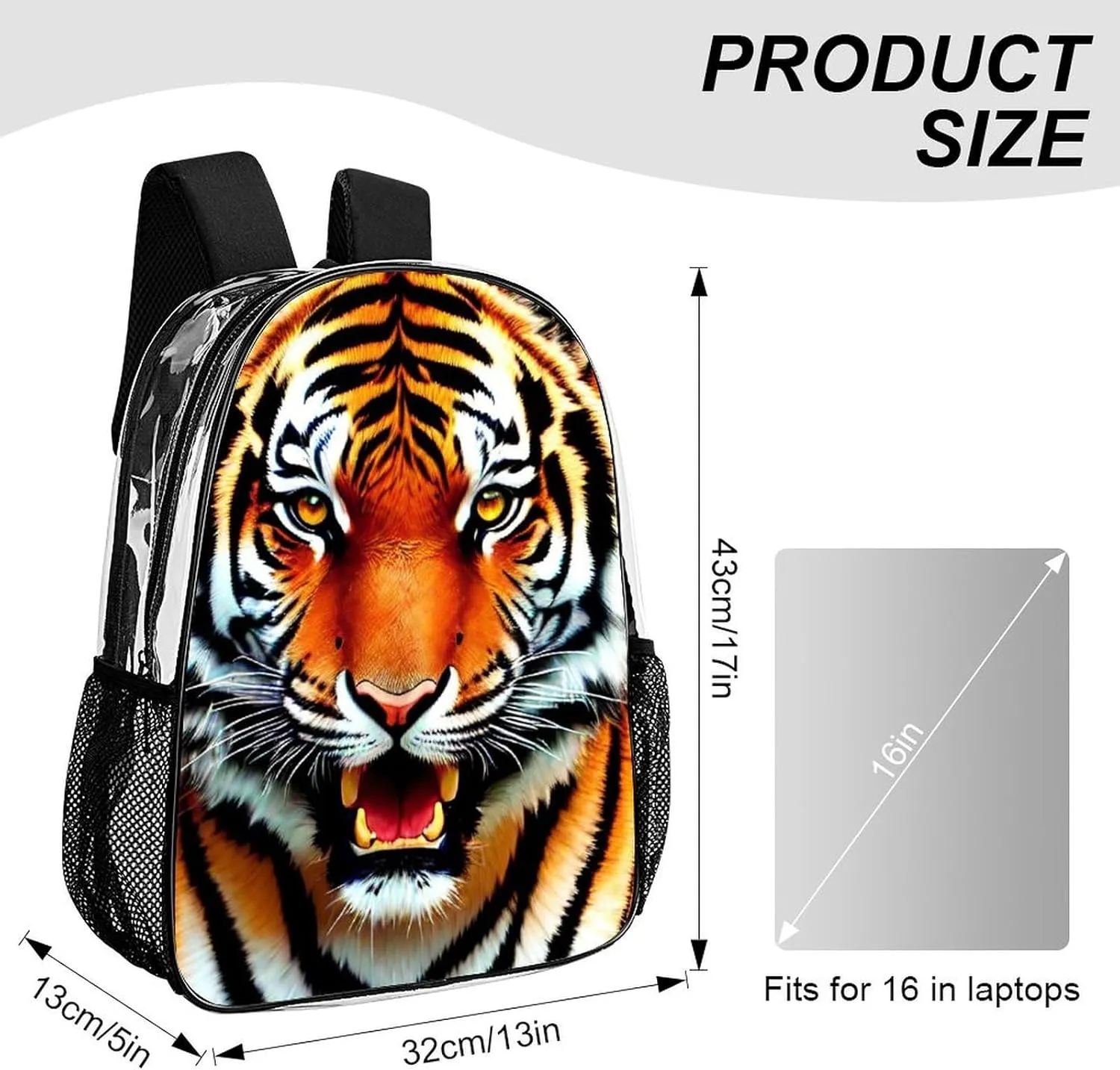Transparent Daypack Backpack for Climbing Outdoors Running - Big Capacity Multipurpose Anti-Theft Bookbag, Cool Tiger Head Fire Surreal Style Art Travel Hiking & Camping Rucksack