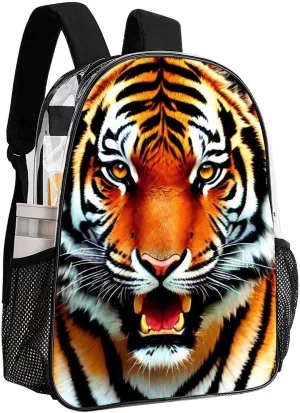 Transparent Daypack Backpack for Climbing Outdoors Running - Big Capacity Multipurpose Anti-Theft Bookbag, Cool Tiger Head Fire Surreal Style Art Travel Hiking & Camping Rucksack