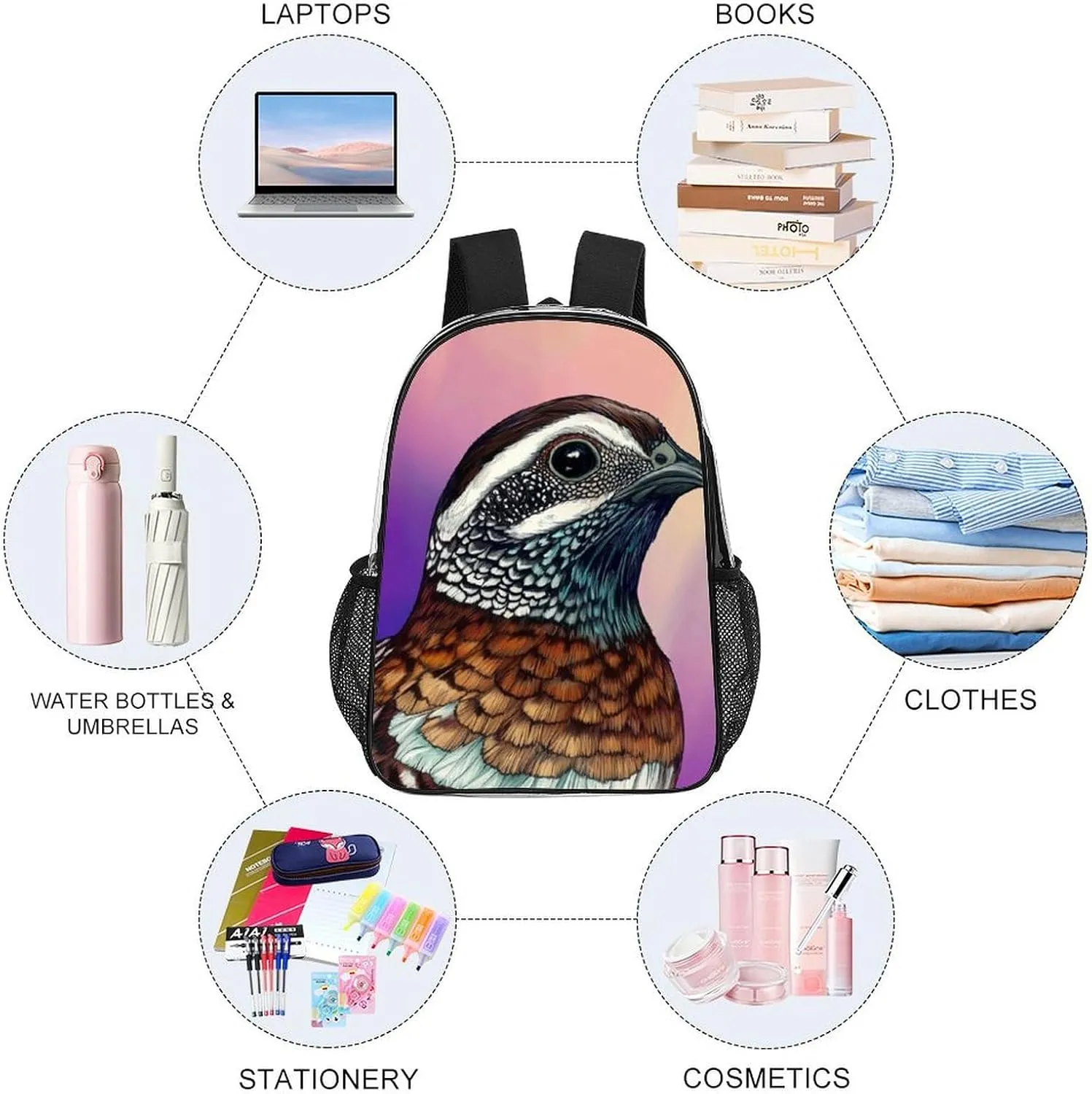 Transparent Daypack Bookbag for Gym Business Bicycle - Large Capacity Multipurpose Anti-Theft Carry On Bag, Bobwhite Quail Bird Travel Hiking Daypack