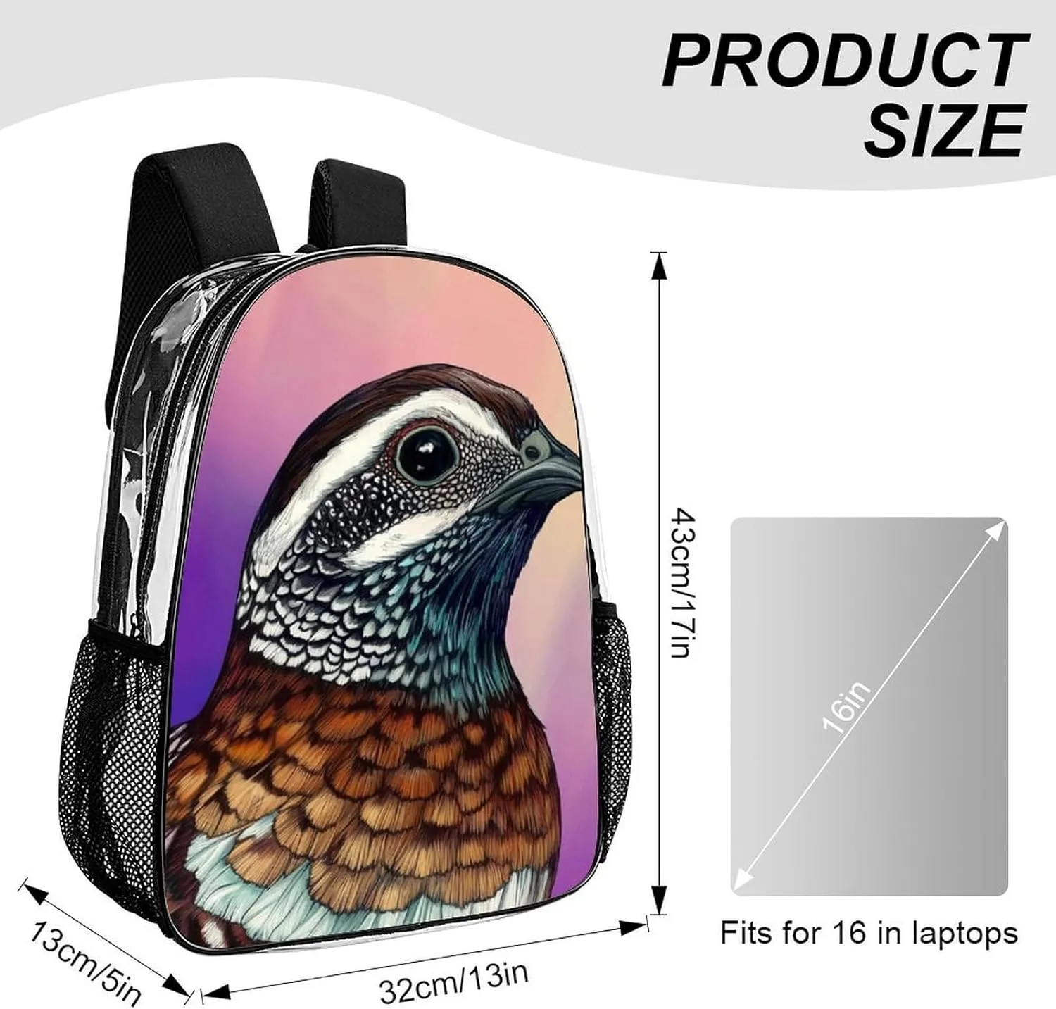 Transparent Daypack Bookbag for Gym Business Bicycle - Large Capacity Multipurpose Anti-Theft Carry On Bag, Bobwhite Quail Bird Travel Hiking Daypack