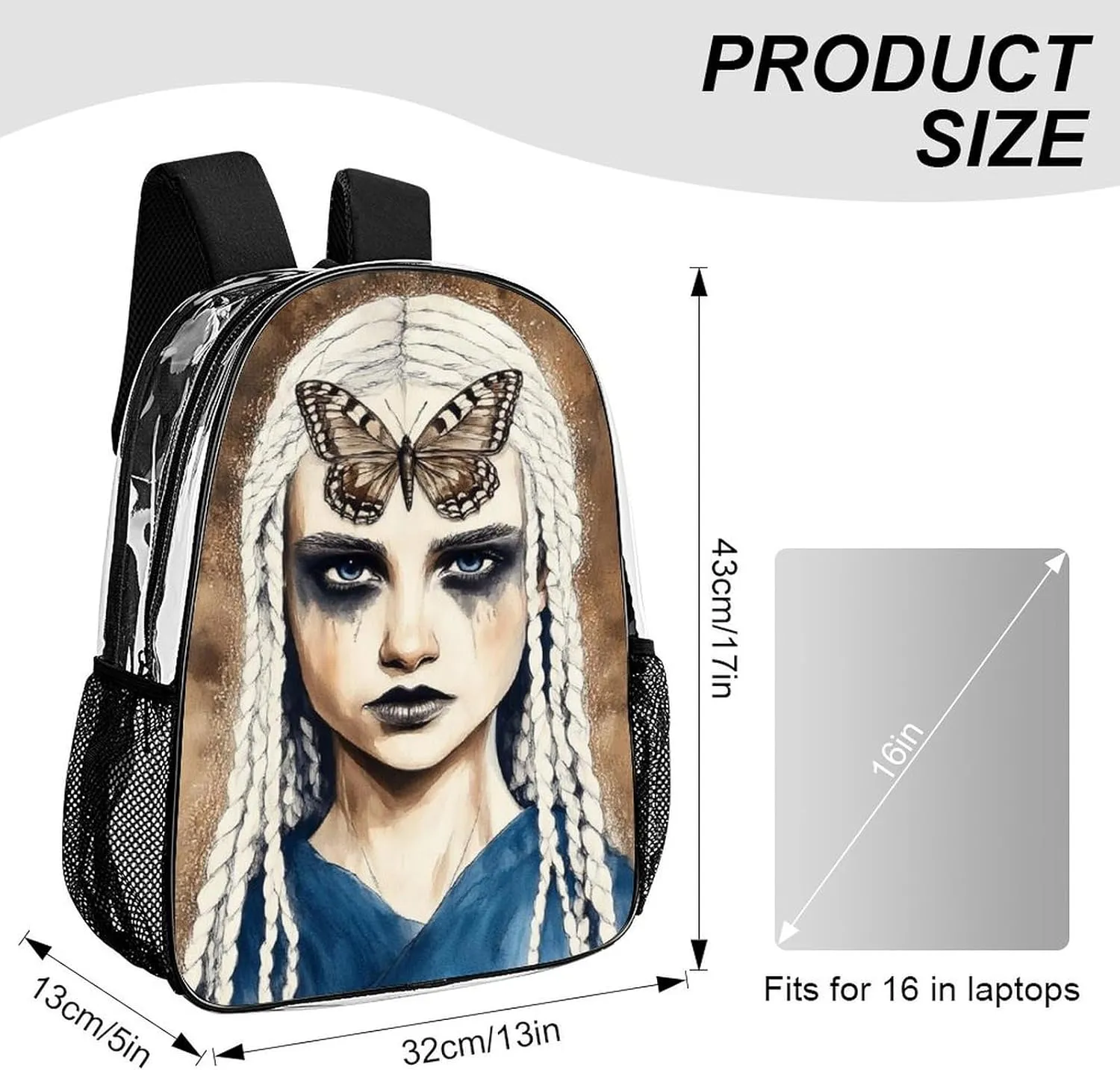 Transparent Daypack for Camping Travel Walking Cycling - Big Capacity Anti-Theft Multipurpose Bookbag, Goth Gotik Gothic woman Eyelash Camping Outdoor Backpack