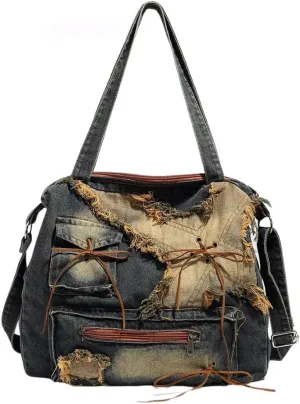 Trashy Denim Messenger Bag Women Ripped Denim Streetwear Vintage Tote Bag Retro Cowboy Crossbody Bag 2000s Bag Y2K Stuff