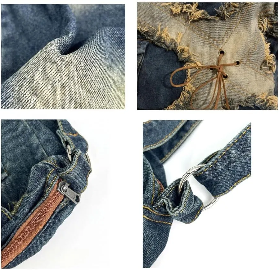 Trashy Denim Messenger Bag Women Ripped Denim Streetwear Vintage Tote Bag Retro Cowboy Crossbody Bag 2000s Bag Y2K Stuff