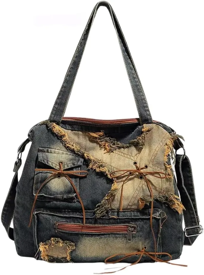 Trashy Denim Messenger Bag Women Ripped Denim Streetwear Vintage Tote Bag Retro Cowboy Crossbody Bag 2000s Bag Y2K Stuff