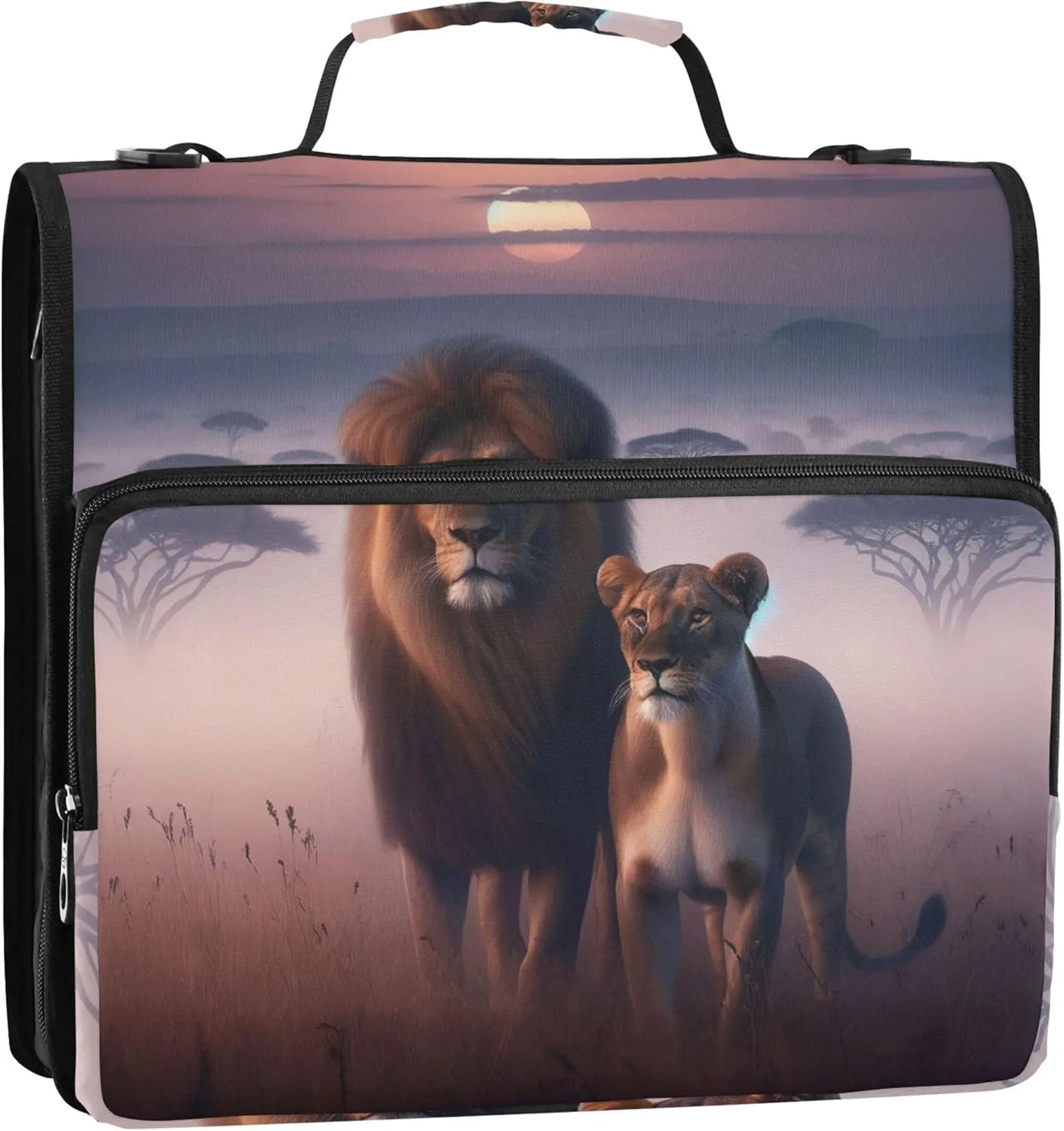 Travel 1.5 Inch Binders 3 Ring Heavy Duty Lion African Animal Scenic Zippered Binder Organizer Portfolio Hold 500 Sheets Holder School Binder Bag with Shoulder Strap