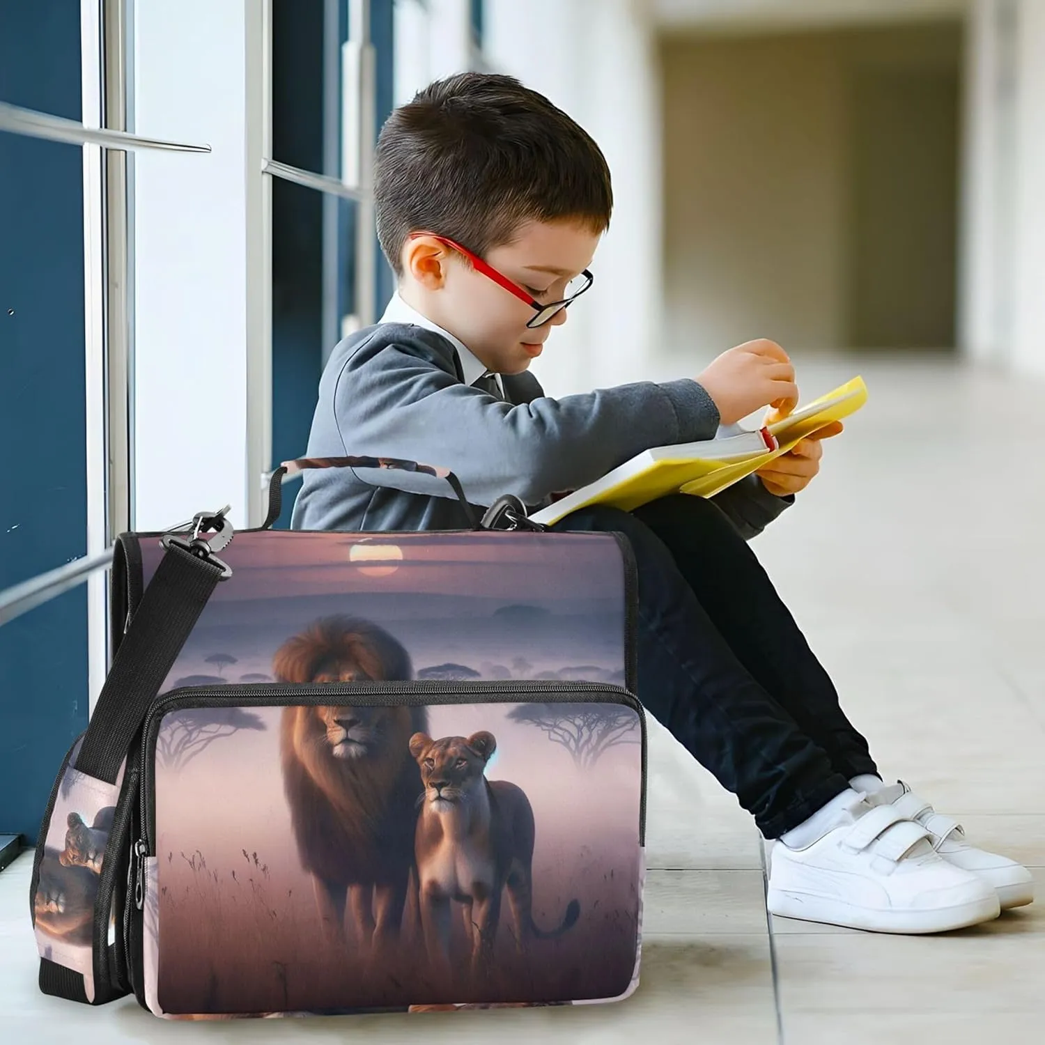 Travel 1.5 Inch Binders 3 Ring Heavy Duty Lion African Animal Scenic Zippered Binder Organizer Portfolio Hold 500 Sheets Holder School Binder Bag with Shoulder Strap