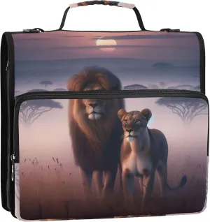 Travel 1.5 Inch Binders 3 Ring Heavy Duty Lion African Animal Scenic Zippered Binder Organizer Portfolio Hold 500 Sheets Holder School Binder Bag with Shoulder Strap