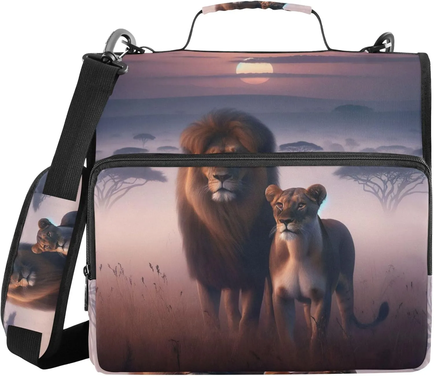 Travel 1.5 Inch Binders 3 Ring Heavy Duty Lion African Animal Scenic Zippered Binder Organizer Portfolio Hold 500 Sheets Holder School Binder Bag with Shoulder Strap