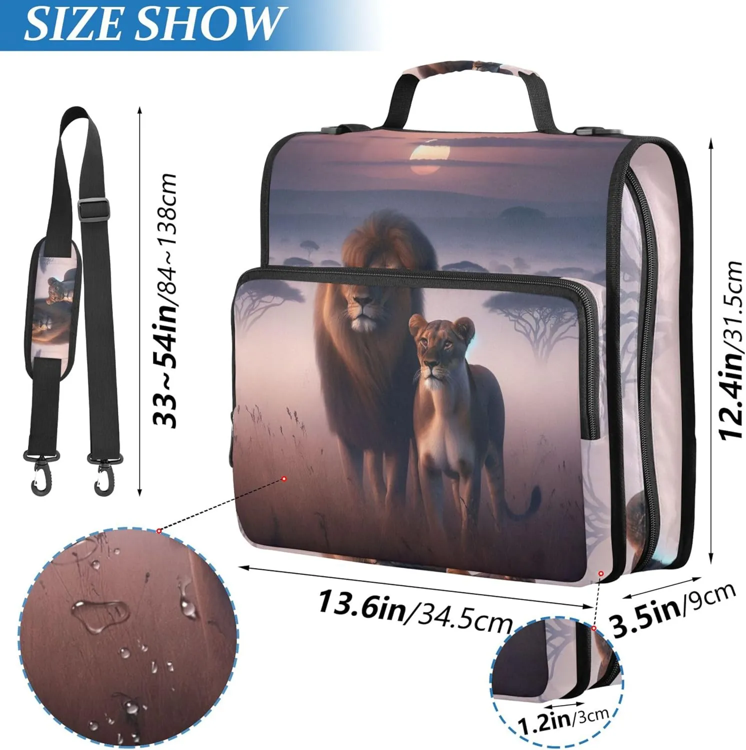 Travel 1.5 Inch Binders 3 Ring Heavy Duty Lion African Animal Scenic Zippered Binder Organizer Portfolio Hold 500 Sheets Holder School Binder Bag with Shoulder Strap