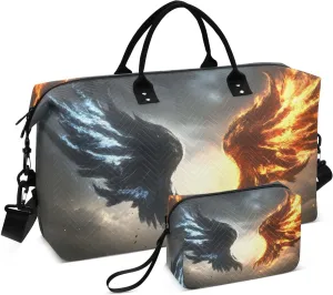 Travel Duffel Bag Angel Wings Black Gold, Gym Bags with Multiple Interior Pockets for Men Women Toiletry Purse Included 20.5”x 1.9” x 13.8”