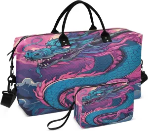 Travel Duffel Bag Large Weekender Overnight Bags for Women Men, Blue Dragon Pink Gym Bag with Toiletry Bag