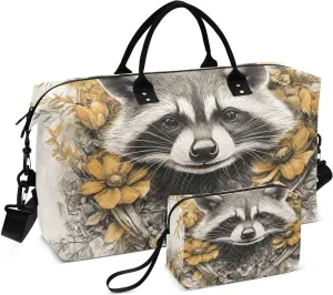 Travel Duffel Bag Raccoon Portrait Flower, Gym Bags with Multiple Interior Pockets for Men Women Toiletry Purse Included 20.5”x 1.9” x 13.8”