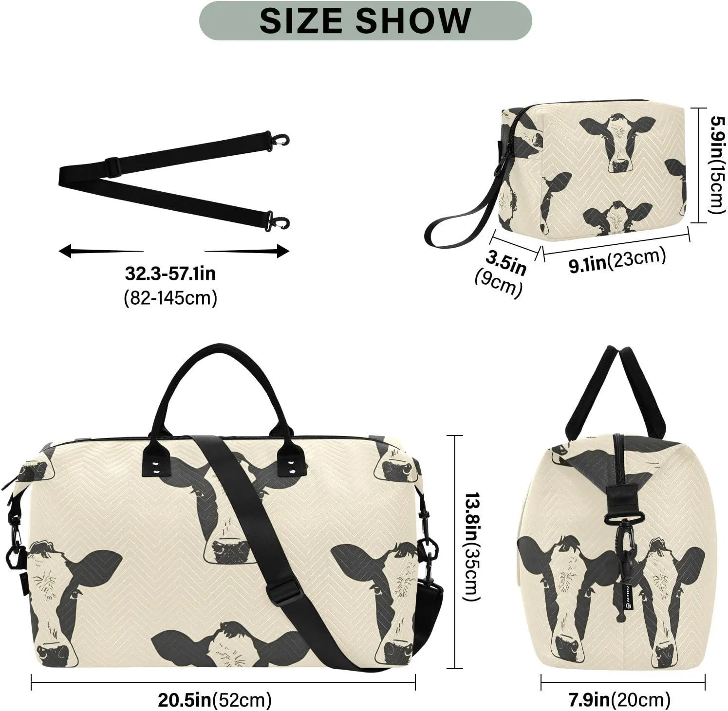 Travel Duffle Bag Gym Bag, Cows Print Weekender Bags for Women with Toiletry Bag Travel Tote Bag Swim Bag