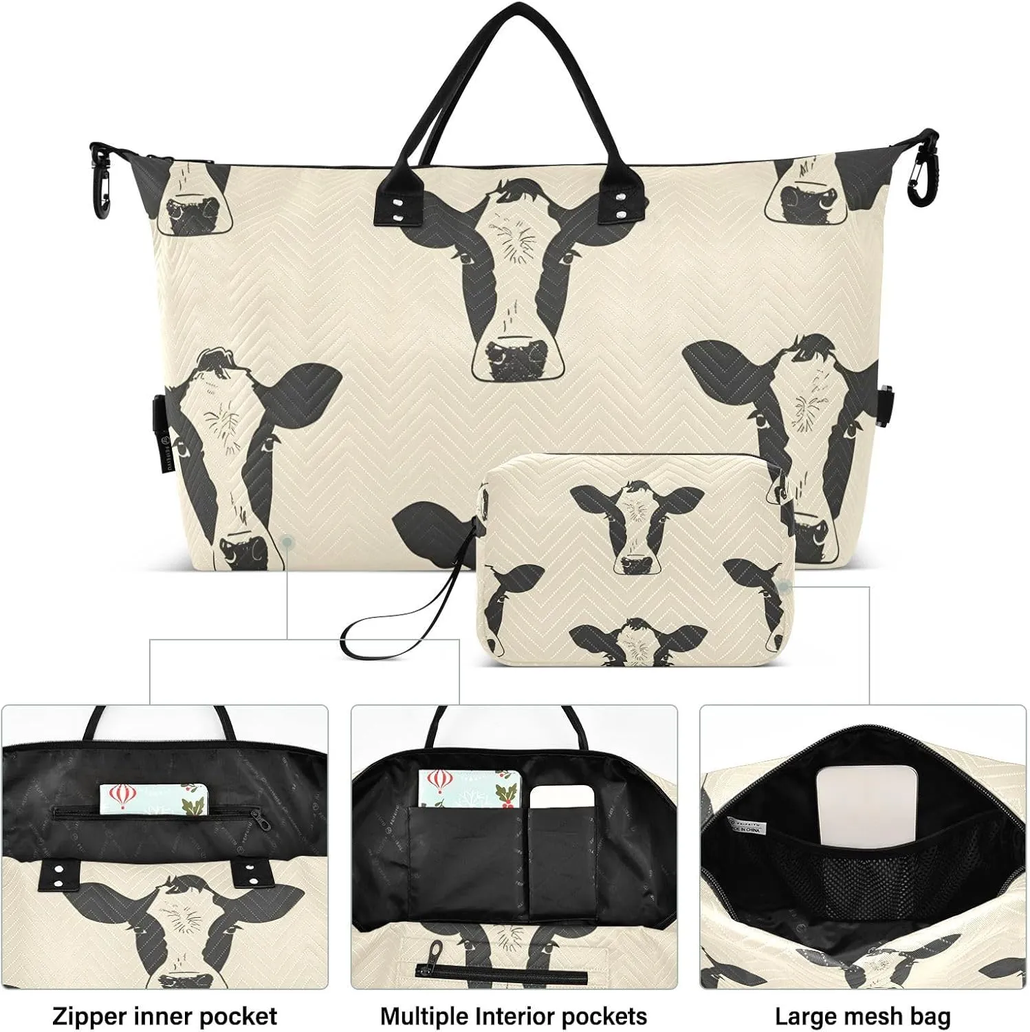 Travel Duffle Bag Gym Bag, Cows Print Weekender Bags for Women with Toiletry Bag Travel Tote Bag Swim Bag