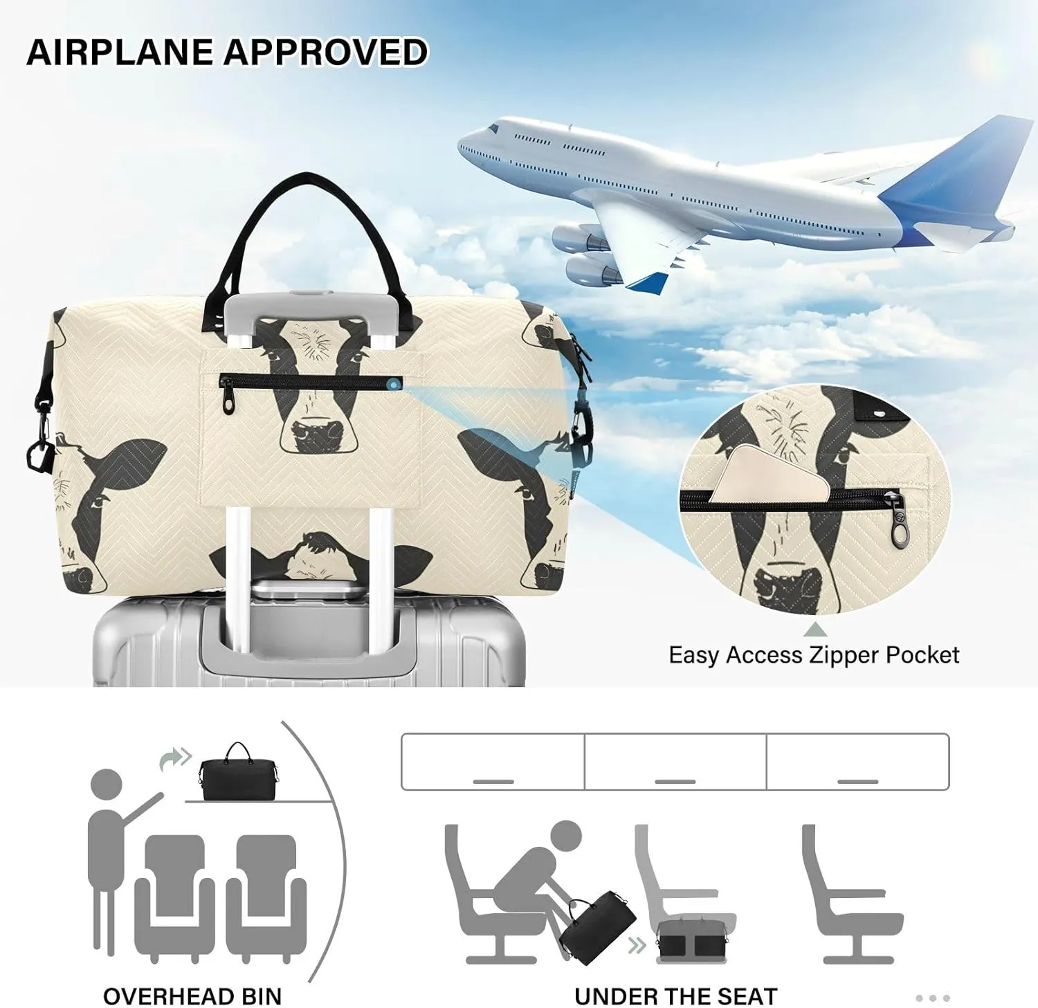Travel Duffle Bag Gym Bag, Cows Print Weekender Bags for Women with Toiletry Bag Travel Tote Bag Swim Bag