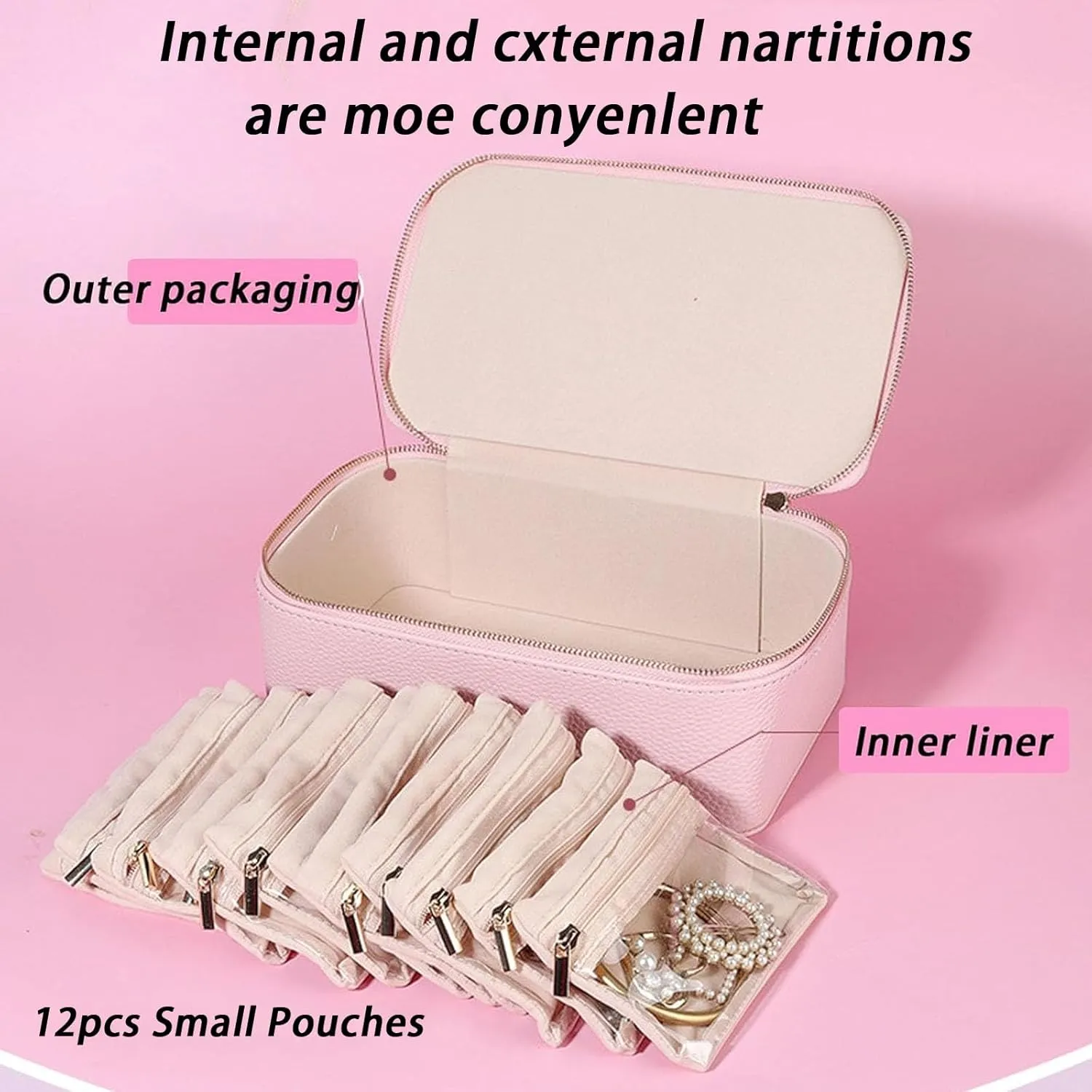 Travel Jewelry Box With Small Pouches, Portable Storage Case With 12/8 Bags, Leather Waterproof Organizer for Necklaces, Bracelets, Earrings, Studs, Rings (Pink with 12 Small Pouches)