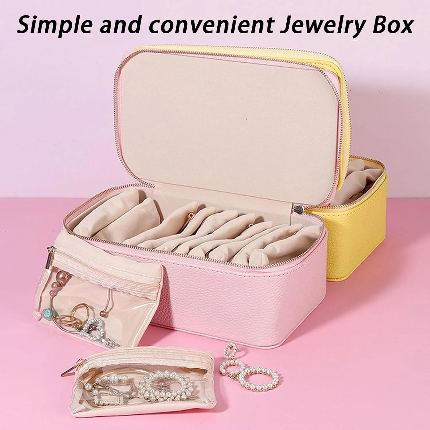 Travel Jewelry Box With Small Pouches, Portable Storage Case With 12/8 Bags, Leather Waterproof Organizer for Necklaces, Bracelets, Earrings, Studs, Rings (Pink with 12 Small Pouches)