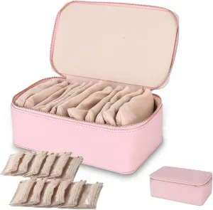 Travel Jewelry Box With Small Pouches, Portable Storage Case With 12/8 Bags, Leather Waterproof Organizer for Necklaces, Bracelets, Earrings, Studs, Rings (Pink with 12 Small Pouches)