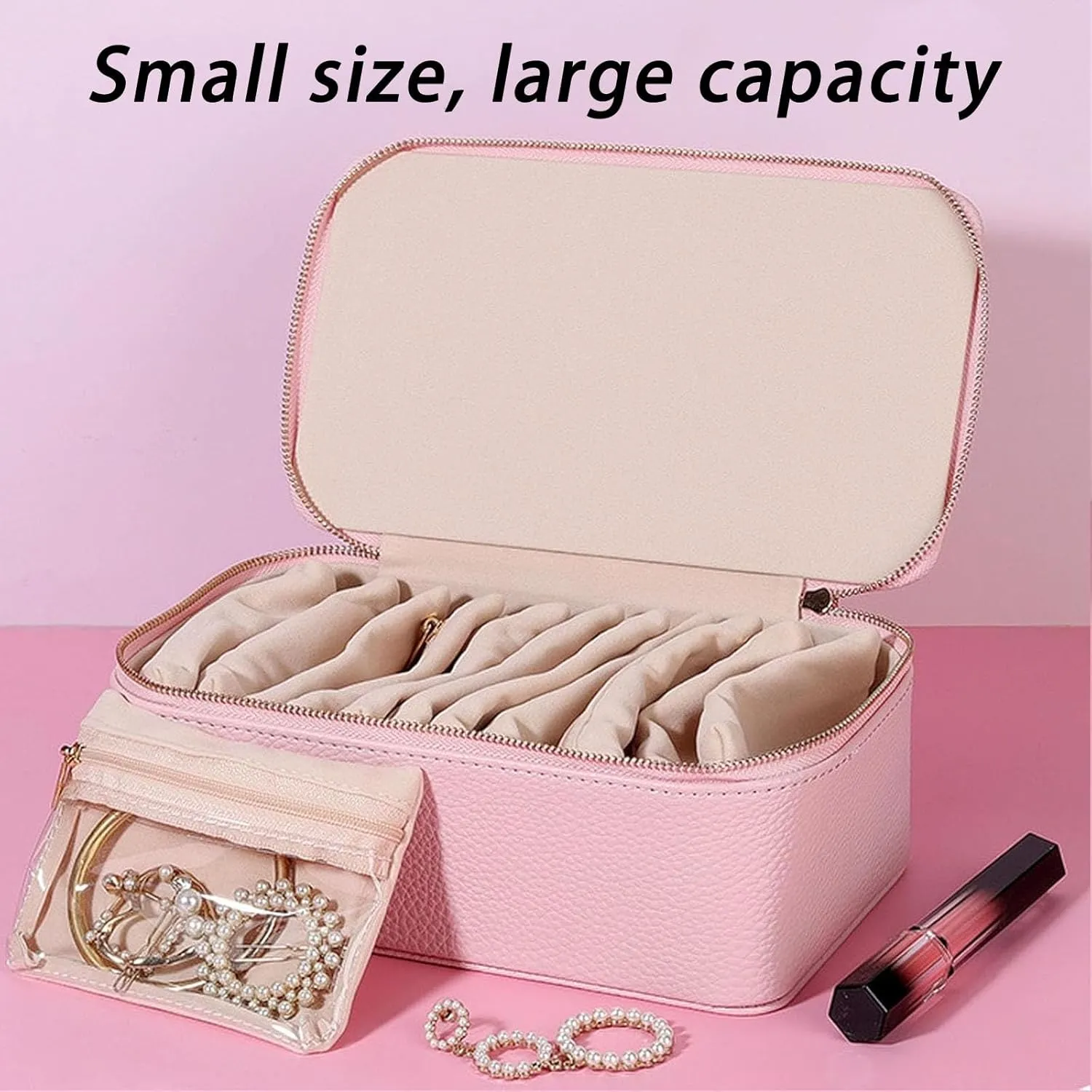 Travel Jewelry Box With Small Pouches, Portable Storage Case With 12/8 Bags, Leather Waterproof Organizer for Necklaces, Bracelets, Earrings, Studs, Rings (Pink with 12 Small Pouches)