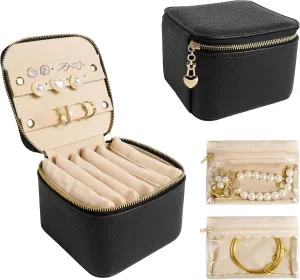 Travel Jewelry Case, Small Travel Jewelry Box with 6 Velvet Jewelry Bag Mini Pouch, Portable Travel Jewelry Organizer for Rings Earrings Necklaces, Beauty Gifts for Women Girls (Black)