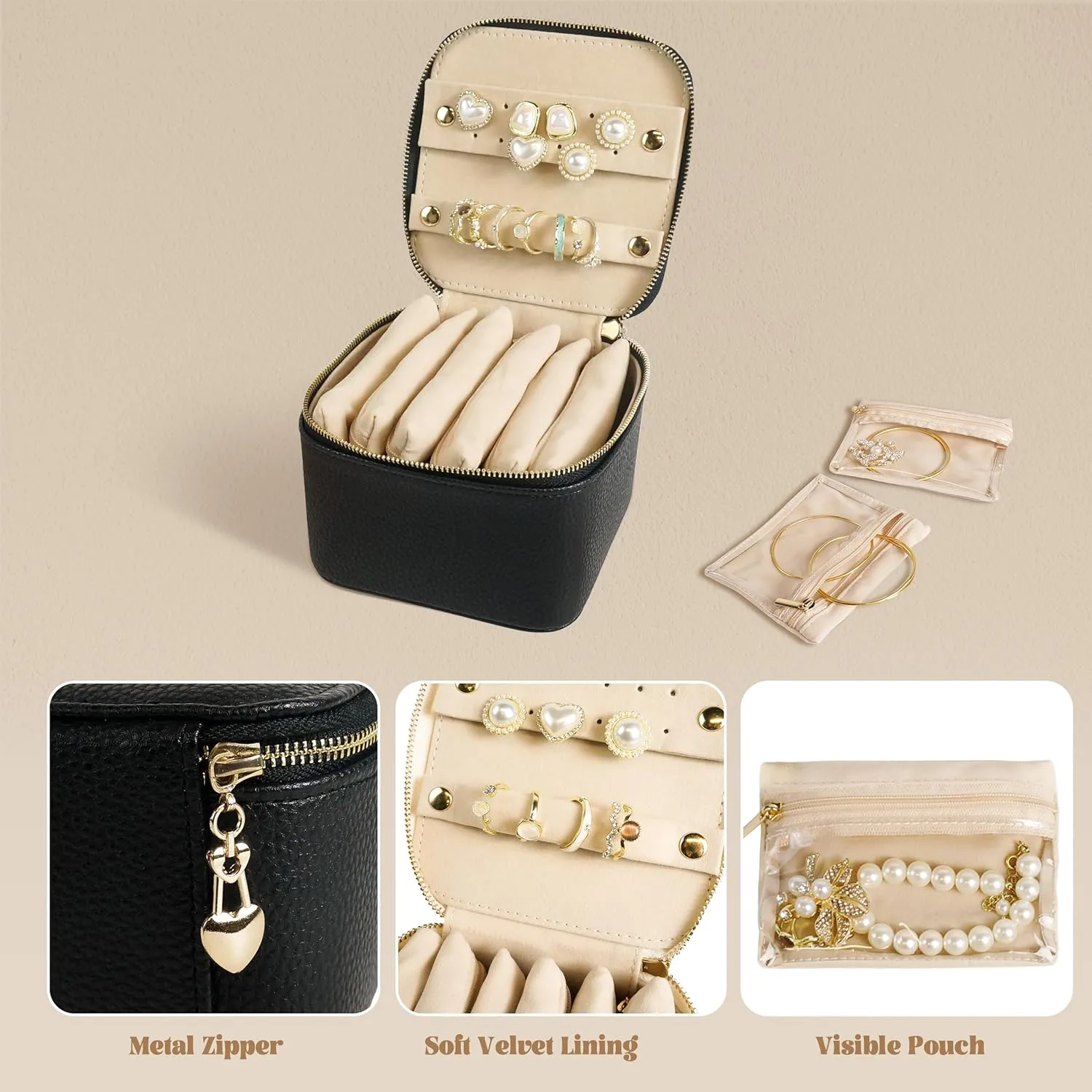 Travel Jewelry Case, Small Travel Jewelry Box with 6 Velvet Jewelry Bag Mini Pouch, Portable Travel Jewelry Organizer for Rings Earrings Necklaces, Beauty Gifts for Women Girls (Black)