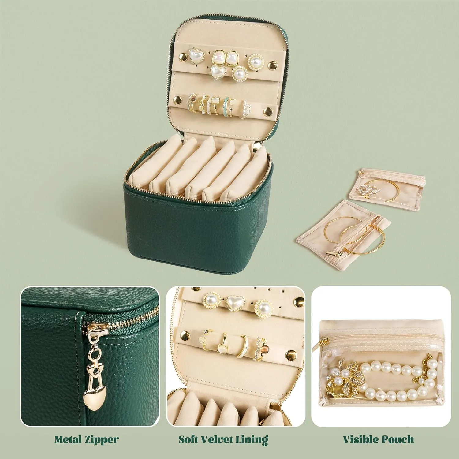 Travel Jewelry Case, Small Travel Jewelry Box with 6 Velvet Jewelry Bag Mini Pouch, Portable Travel Jewelry Organizer for Rings Earrings Necklaces, Beauty Gifts for Women Girls (Green)