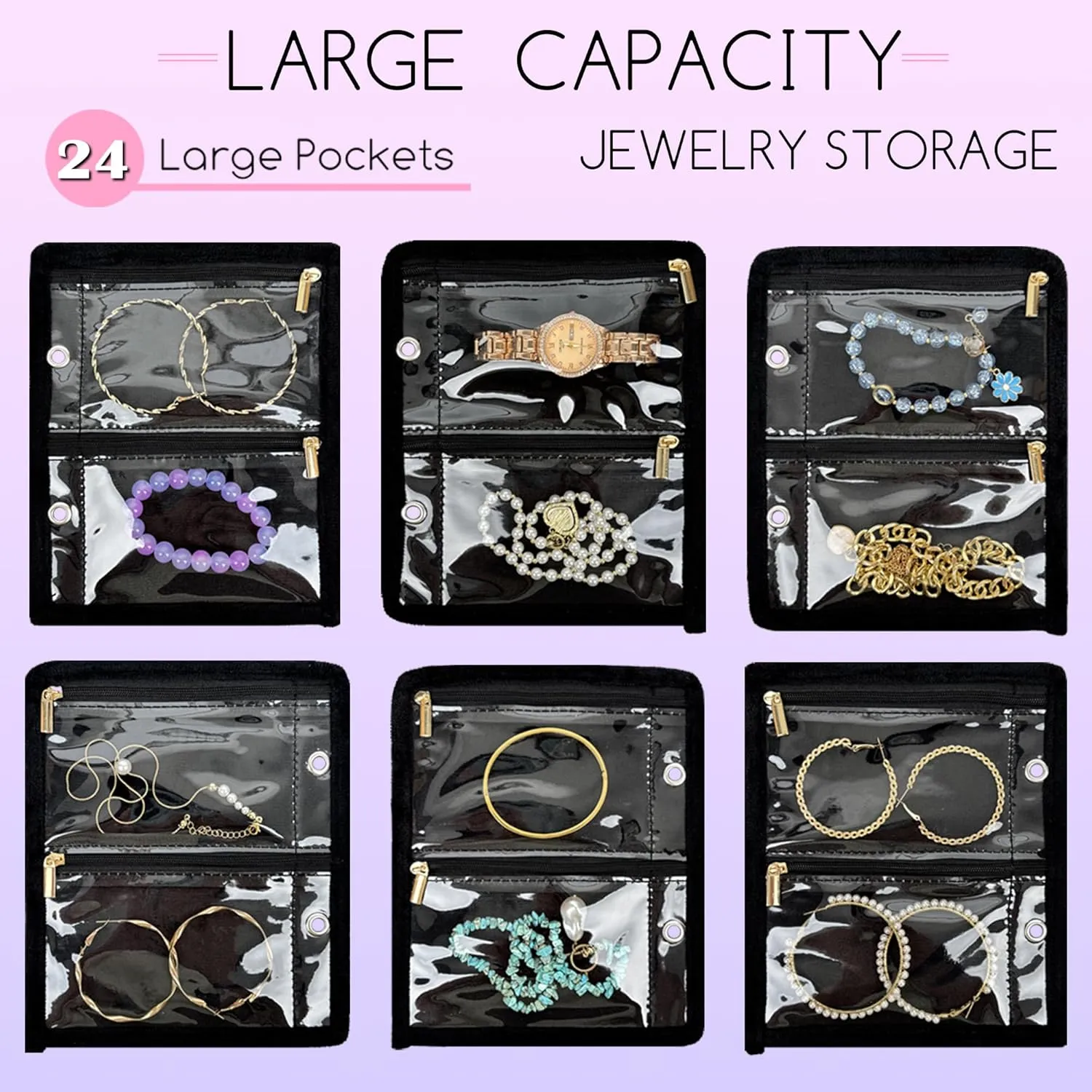Travel Jewelry Organizer Case,Jewelry Bags for Traveling, Jewelry Binder with 24 Pcs Clear Zipper Velvet Pouches for Storing Earrings, Rings, Necklace, Bracelet, Watch (Black)