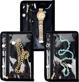 Travel Jewelry Organizer Case,Small Jewelry Bags Jewelry Storage Book Ring Binder with Clear Zipper Velvet Pouch for Traveling (Inner Pages,Black,3 PCS,Large)
