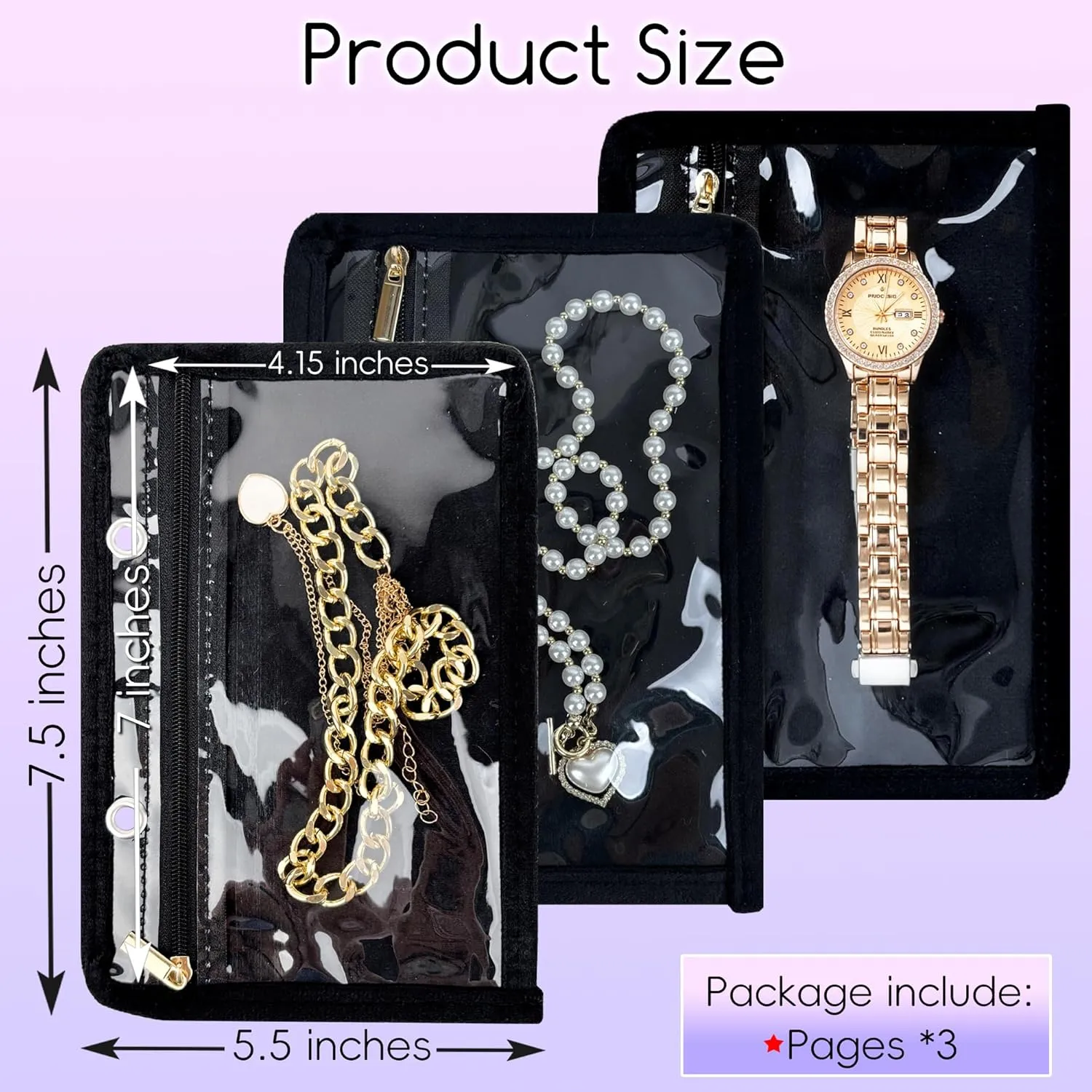 Travel Jewelry Organizer Case,Small Jewelry Bags Jewelry Storage Book Ring Binder with Clear Zipper Velvet Pouch for Traveling (Inner Pages,Black,3 PCS,Large)