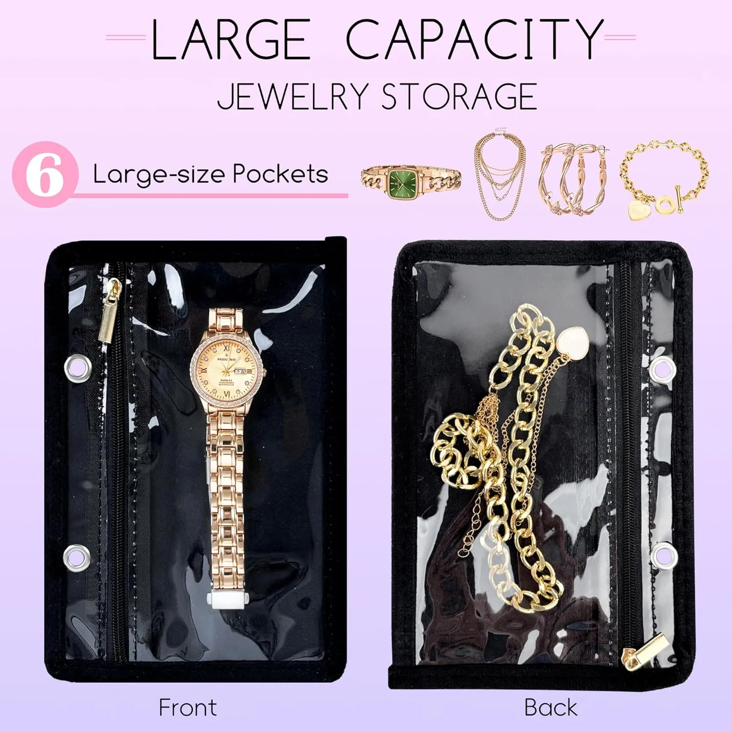 Travel Jewelry Organizer Case,Small Jewelry Bags Jewelry Storage Book Ring Binder with Clear Zipper Velvet Pouch for Traveling (Inner Pages,Black,3 PCS,Large)