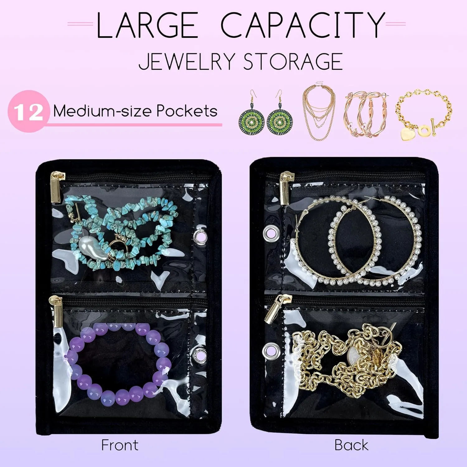Travel Jewelry Organizer Case,Small Jewelry Bags Jewelry Storage Book Ring Binder with Clear Zipper Velvet Pouch for Traveling (Inner Pages,Black,3 PCS,Medium)