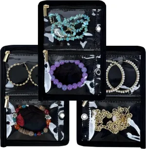 Travel Jewelry Organizer Case,Small Jewelry Bags Jewelry Storage Book Ring Binder with Clear Zipper Velvet Pouch for Traveling (Inner Pages,Black,3 PCS,Medium)