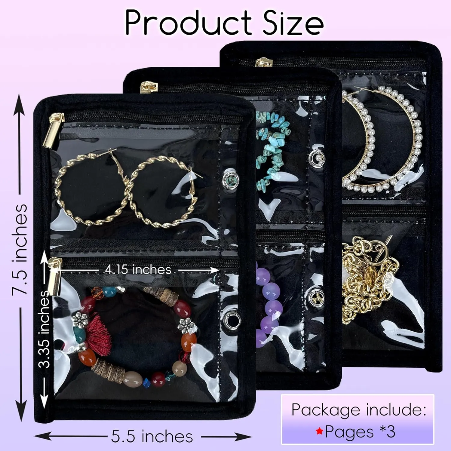 Travel Jewelry Organizer Case,Small Jewelry Bags Jewelry Storage Book Ring Binder with Clear Zipper Velvet Pouch for Traveling (Inner Pages,Black,3 PCS,Medium)