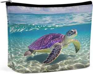 Travel Makeup Bag Portable Cosmetic Bags for Women Hawaii with Purple Sea Turtle Make Up Bags Organizer With Zipper Waterproof Open Flat Toiletry Bag Cute Makeup Pouch for Travel Accessories