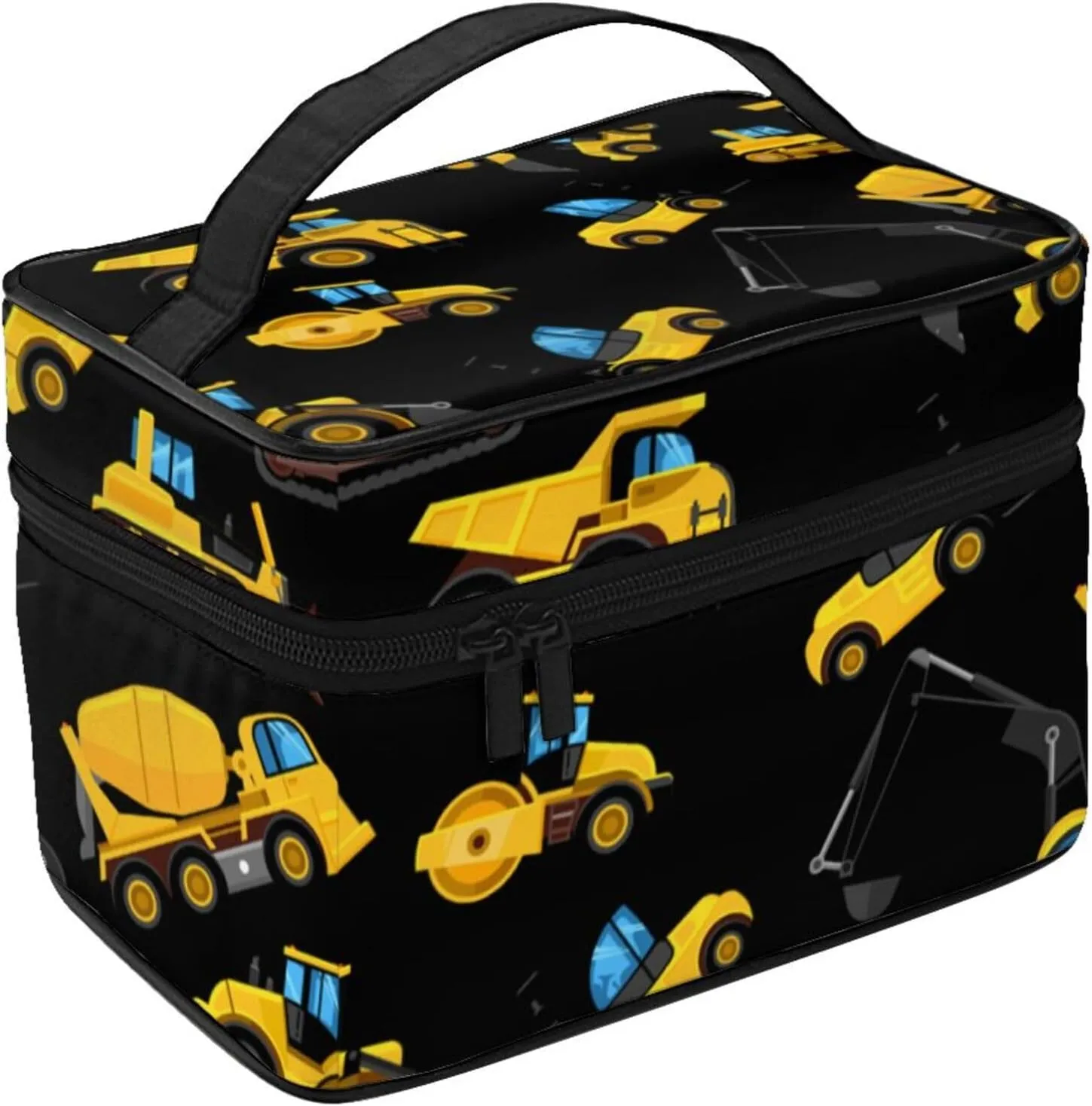 Travel Makeup Bag Pouch Compatible with Cool Black Yellow Buldozer Excavator Construct Machines Cosmetic Bag Tote Toiletry Bag, Zipper Portable Small Storage Bags for Women Brush Bottle Organizer