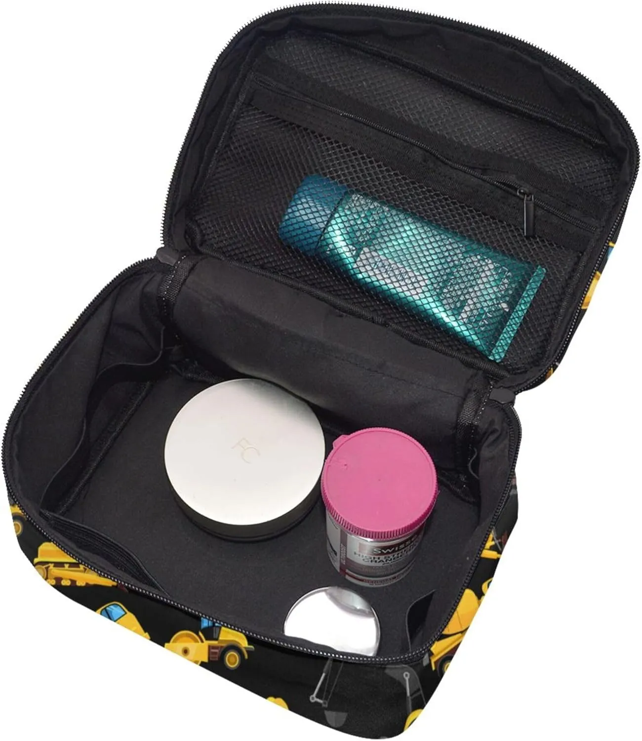 Travel Makeup Bag Pouch Compatible with Cool Black Yellow Buldozer Excavator Construct Machines Cosmetic Bag Tote Toiletry Bag, Zipper Portable Small Storage Bags for Women Brush Bottle Organizer